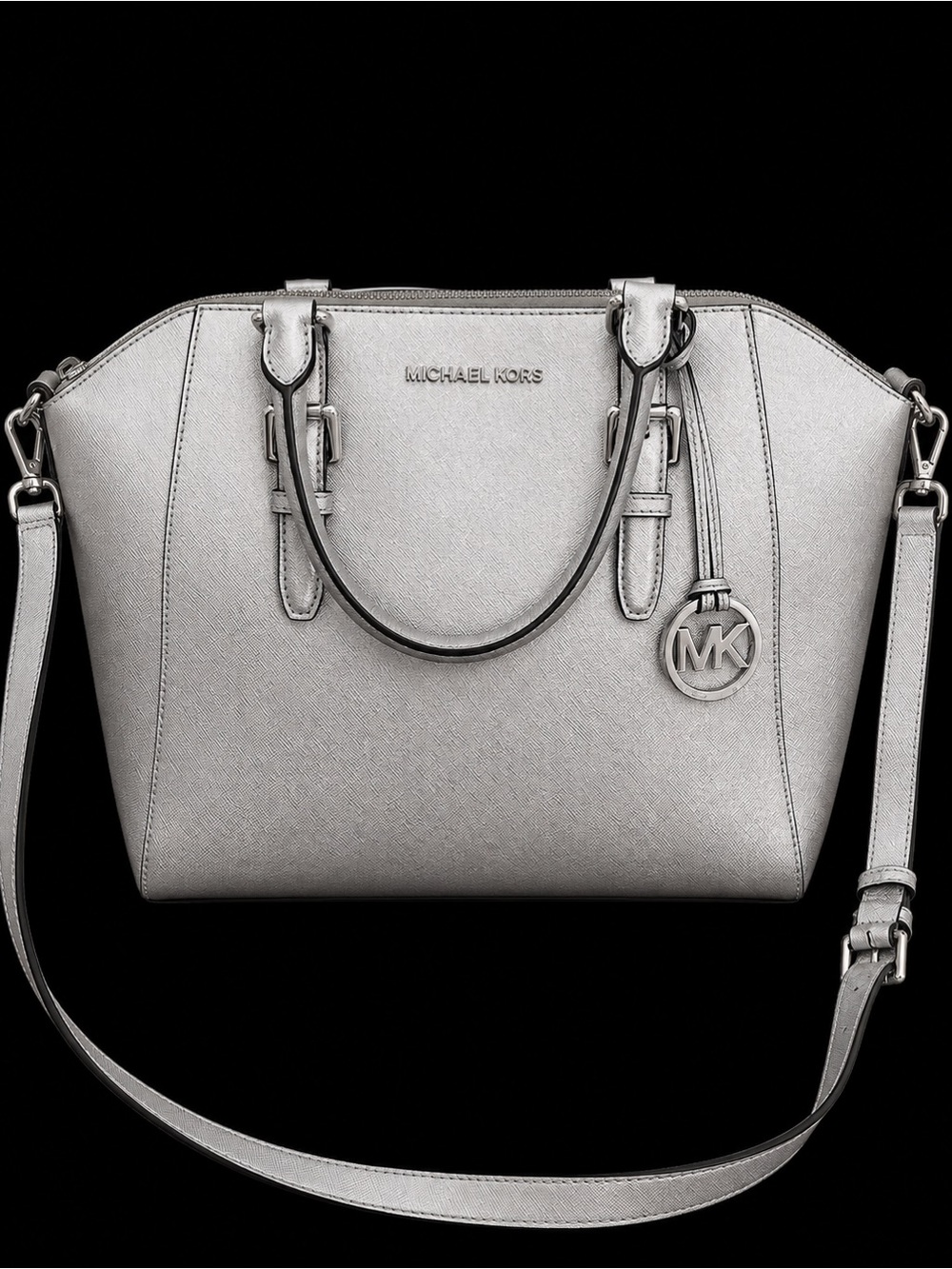 Michael Kors Metallic Silver Saffiano Satchel with Removable Strap
